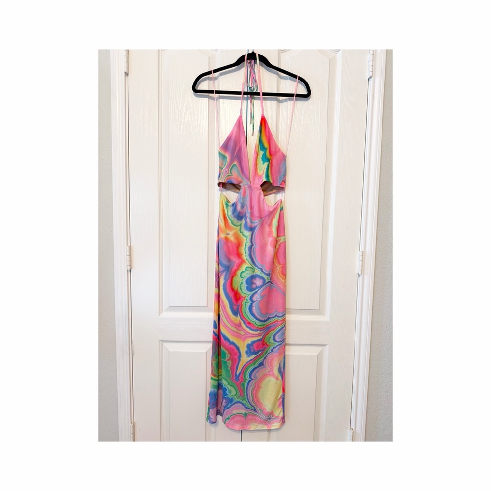 AFRM Tessa Mesh Midi Dress in Abstract Multi Marble Size XS